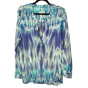 Chico's Artsy Ombre Long Roll Tab Sleeve Split Neck Blouse XL Blue Lightweight